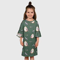 Платье клеш для девочки Птички и перышки на зеленом, цвет: 3D-принт — фото 2