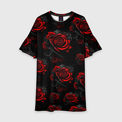 Платье клеш для девочки Красные розы цветы, цвет: 3D-принт