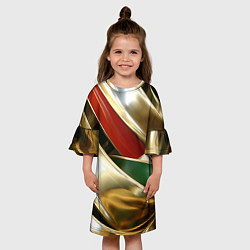 Платье клеш для девочки Золотая абстракция с зелеными и красными вставками, цвет: 3D-принт — фото 2