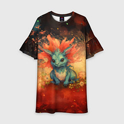 Платье клеш для девочки Дракон на фоне салютов, цвет: 3D-принт