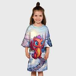 Платье клеш для девочки Милый дракон в новогодней деревне, цвет: 3D-принт — фото 2