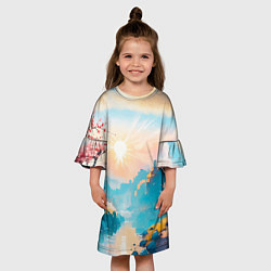 Платье клеш для девочки Японский город вдали и цветущая Сакура у реки, цвет: 3D-принт — фото 2