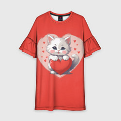 Платье клеш для девочки Мультяшный котенок держит красное сердечко, цвет: 3D-принт
