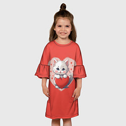 Платье клеш для девочки Мультяшный котенок держит красное сердечко, цвет: 3D-принт — фото 2