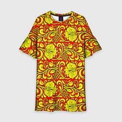 Платье клеш для девочки Хохломская роспись золотистые цветы и ягоды на кра, цвет: 3D-принт