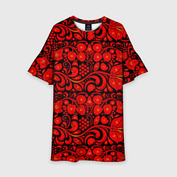 Платье клеш для девочки Хохломская роспись красные цветы и ягоды на чёрном, цвет: 3D-принт