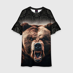 Платье клеш для девочки Агрессивный медведь на фоне флага России, цвет: 3D-принт
