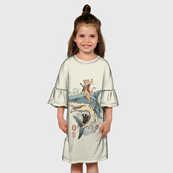 Платье клеш для девочки Кот якудза верхом на акуле, цвет: 3D-принт — фото 2