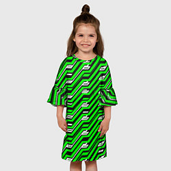 Платье клеш для девочки Чёрно-зелёный линейный узор киберпанк, цвет: 3D-принт — фото 2