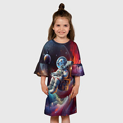 Платье клеш для девочки Космонавт далматинец в неоновой галактике, цвет: 3D-принт — фото 2