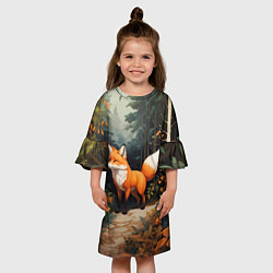 Платье клеш для девочки Лисёнок на лесной прогулке, цвет: 3D-принт — фото 2