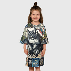 Платье клеш для девочки Волк на дениме Пэчворк, цвет: 3D-принт — фото 2