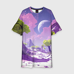 Платье клеш для девочки Фиолетовые горы зеленые деревья и космос, цвет: 3D-принт