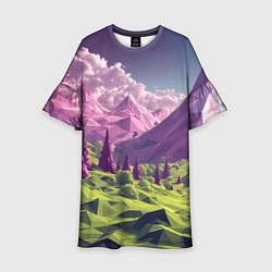 Платье клеш для девочки Геометрический зеленый пейзаж и фиолетовые горы, цвет: 3D-принт