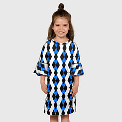 Платье клеш для девочки Чёрные и синие ромбы на белом фоне, цвет: 3D-принт — фото 2