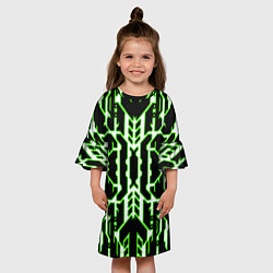 Платье клеш для девочки Техно белые линии с зелёной обводкой на чёрном фон, цвет: 3D-принт — фото 2