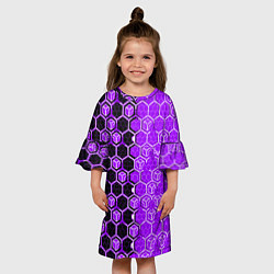Платье клеш для девочки Техно-киберпанк шестиугольники фиолетовый и чёрный, цвет: 3D-принт — фото 2