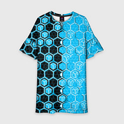 Платье клеш для девочки Техно-киберпанк шестиугольники голубой и чёрный, цвет: 3D-принт