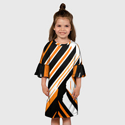 Платье клеш для девочки Чёрно-оранжевые полосы на белом фоне, цвет: 3D-принт — фото 2