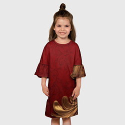 Платье клеш для девочки Объемный золотой лист на красном текстурном фоне, цвет: 3D-принт — фото 2