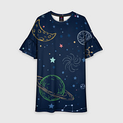 Платье клеш для девочки Планеты и созвездия в космосе, цвет: 3D-принт