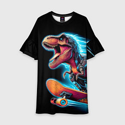 Платье клеш для девочки Cool Dino on a skateboard - neon glow fantasy, цвет: 3D-принт