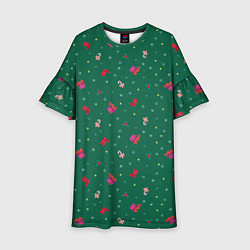 Детское платье Новогодний паттерн с милыми вещами на зеленом фоне