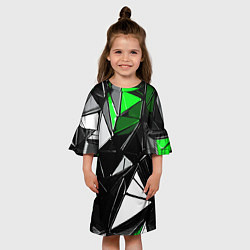 Платье клеш для девочки Зелёно-белые рельефные треугольники на чёрном фоне, цвет: 3D-принт — фото 2