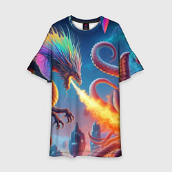 Платье клеш для девочки Огнедышащий дракон против осьминога - нейроарт фан, цвет: 3D-принт