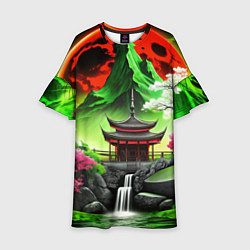 Платье клеш для девочки Водопад японии и природа, цвет: 3D-принт