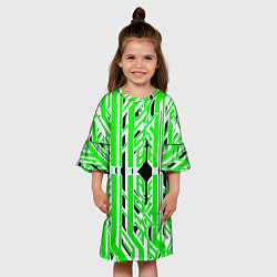 Платье клеш для девочки Бело-зелёные техно полосы на чёрном фоне, цвет: 3D-принт — фото 2