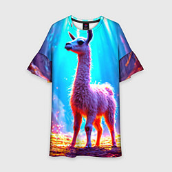 Платье клеш для девочки Лама в неоновых лучах, цвет: 3D-принт