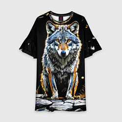 Платье клеш для девочки Волк на черном, цвет: 3D-принт