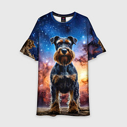 Платье клеш для девочки Ризеншнауцер в космосе, цвет: 3D-принт