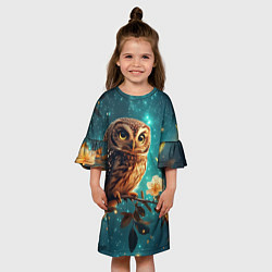 Платье клеш для девочки Сова на фоне ночного неба, цвет: 3D-принт — фото 2