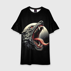 Платье клеш для девочки Волчья морда на фоне луны - нейроарт, цвет: 3D-принт