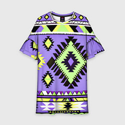 Платье клеш для девочки Геометрический сиренево желтый орнамент ацтеков, цвет: 3D-принт