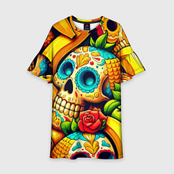 Платье клеш для девочки Colorfull skulls and bananas - pop art pattern, цвет: 3D-принт