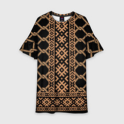 Платье клеш для девочки Золотые узоры на черном с канатами - вышиванка руб, цвет: 3D-принт