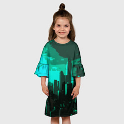 Платье клеш для девочки Стилизованный город бирюзовый, цвет: 3D-принт — фото 2