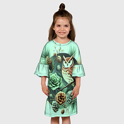 Платье клеш для девочки Мудрый филин на ветке с шишками, цвет: 3D-принт — фото 2