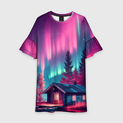 Платье клеш для девочки Лиловое сияние над лесом, цвет: 3D-принт