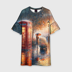 Платье клеш для девочки Красная телефонная будка на набережной, цвет: 3D-принт