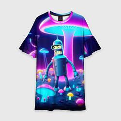 Платье клеш для девочки Робот-сгибальщик Бендер на поляне неоновых грибов, цвет: 3D-принт
