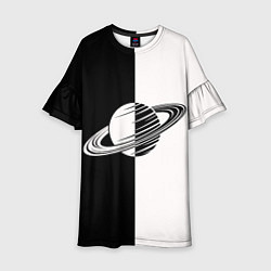 Платье клеш для девочки Сатурн черно-белый, цвет: 3D-принт