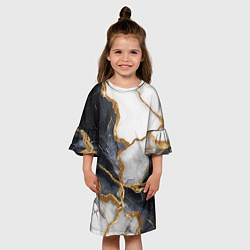 Платье клеш для девочки Мрамор белый и черный с золотом, цвет: 3D-принт — фото 2