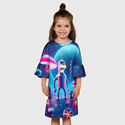 Платье клеш для девочки Робот-сгибальщик Бендер и неоновые грибы, цвет: 3D-принт — фото 2