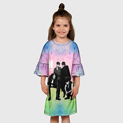 Платье клеш для девочки BTS черно-белый стиль на радужном фоне, цвет: 3D-принт — фото 2