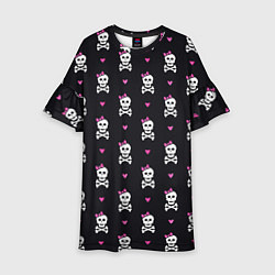 Платье клеш для девочки Милый паттерн с черепами и сердцечками на черном ф, цвет: 3D-принт