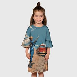 Платье клеш для девочки Fallout девушка и старое авто, цвет: 3D-принт — фото 2